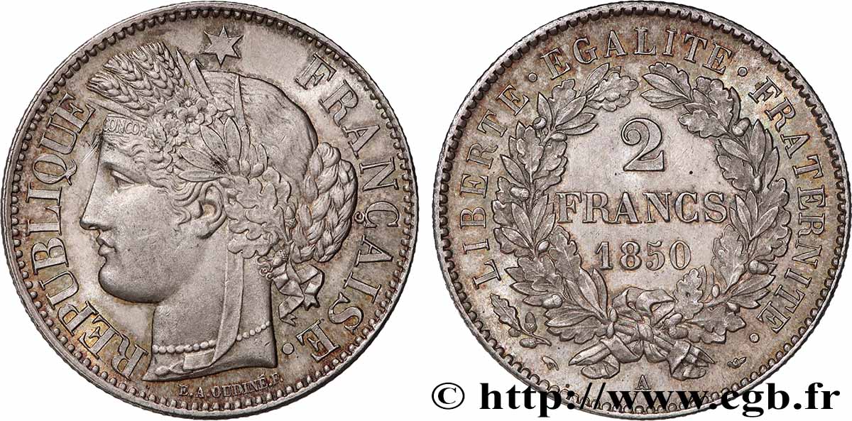 2 francs Cérès, IIe République 1850 Paris F.261/4 SUP+ 