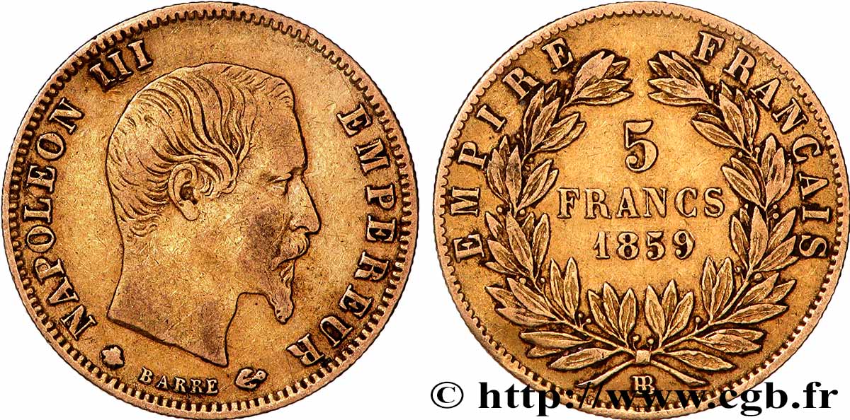 5 francs or Napoléon III, tête nue, grand module 1859 Strasbourg F.501/8 q.BB 