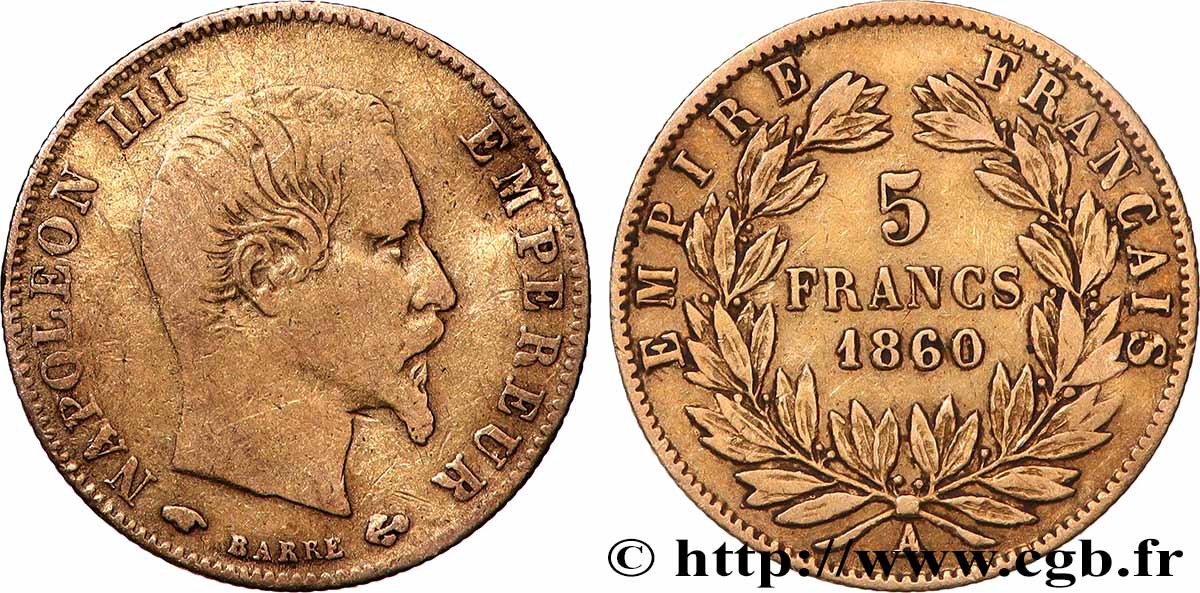 5 francs or Napoléon III, tête nue, grand module 1860 Paris F.501/10 q.MB 