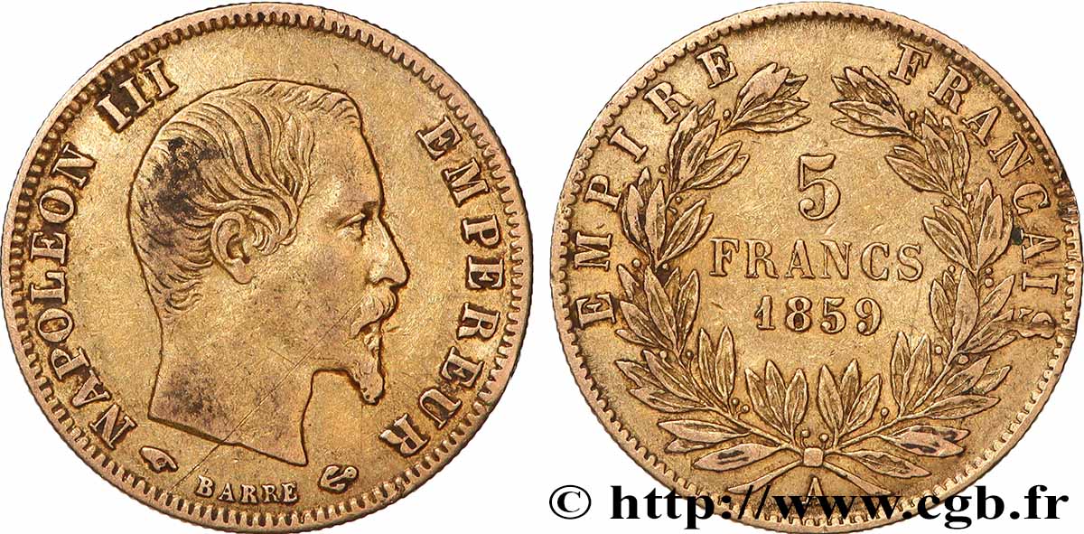 5 francs or Napoléon III, tête nue, grand module 1859 Paris F.501/7 TTB 