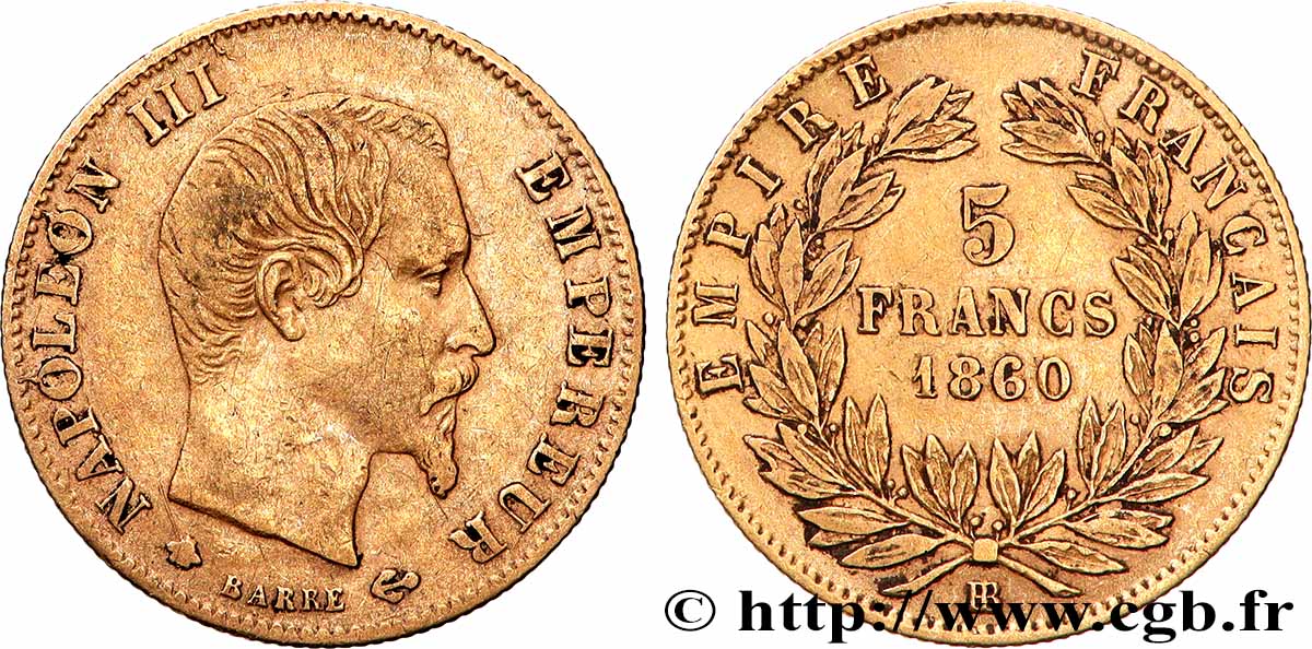 5 francs or Napoléon III tête nue, grand module 1860 Strasbourg F.501/13 q.BB 