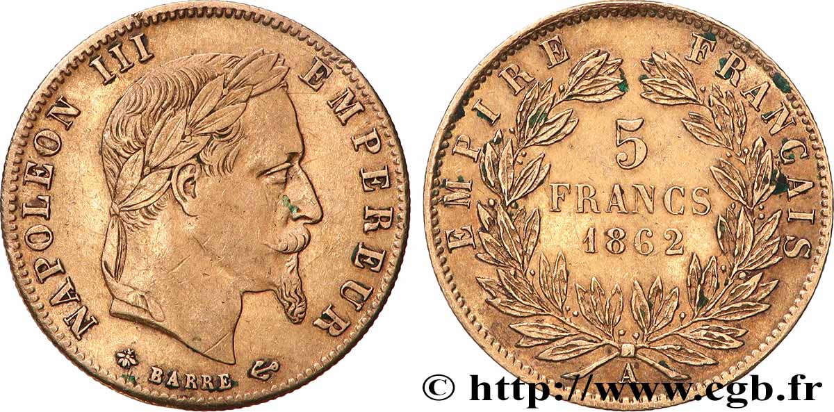 5 francs or Napoléon III, tête laurée 1862 Paris F.502/1 XF 