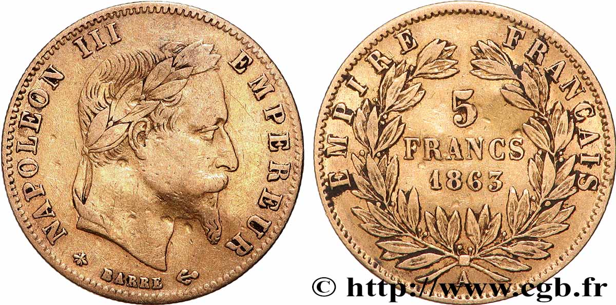 5 francs or Napoléon III, tête laurée 1863 Paris F.502/3 S 
