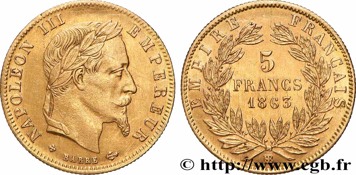 5 francs or Napoléon III, tête laurée 1863 Strasbourg F.502/4 AU 