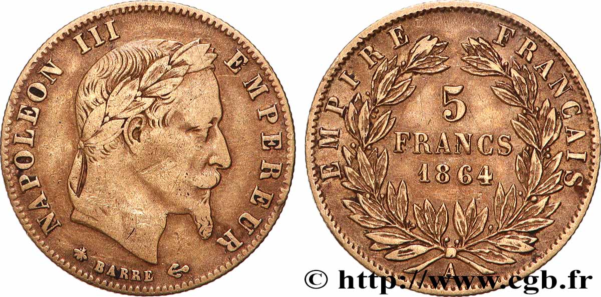 5 francs or Napoléon III, tête laurée 1864 Paris F.502/5 MB 
