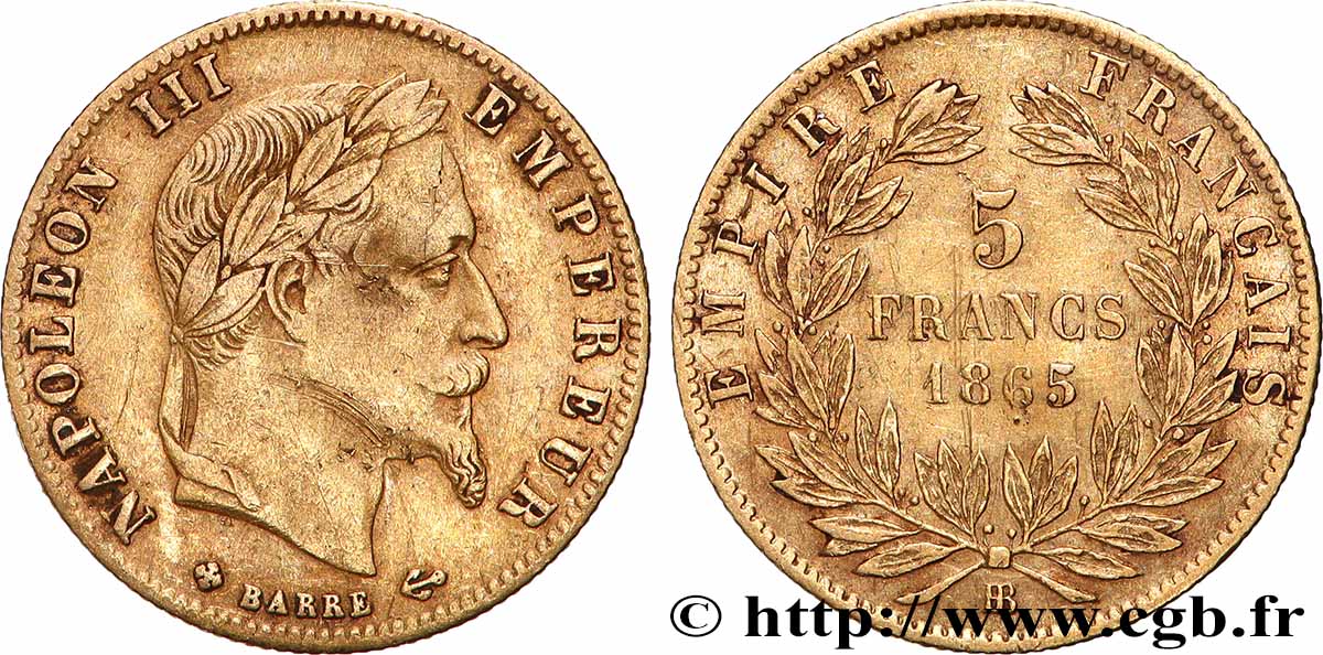 5 francs or Napoléon III, tête laurée 1865 Strasbourg F.502/8 BB 