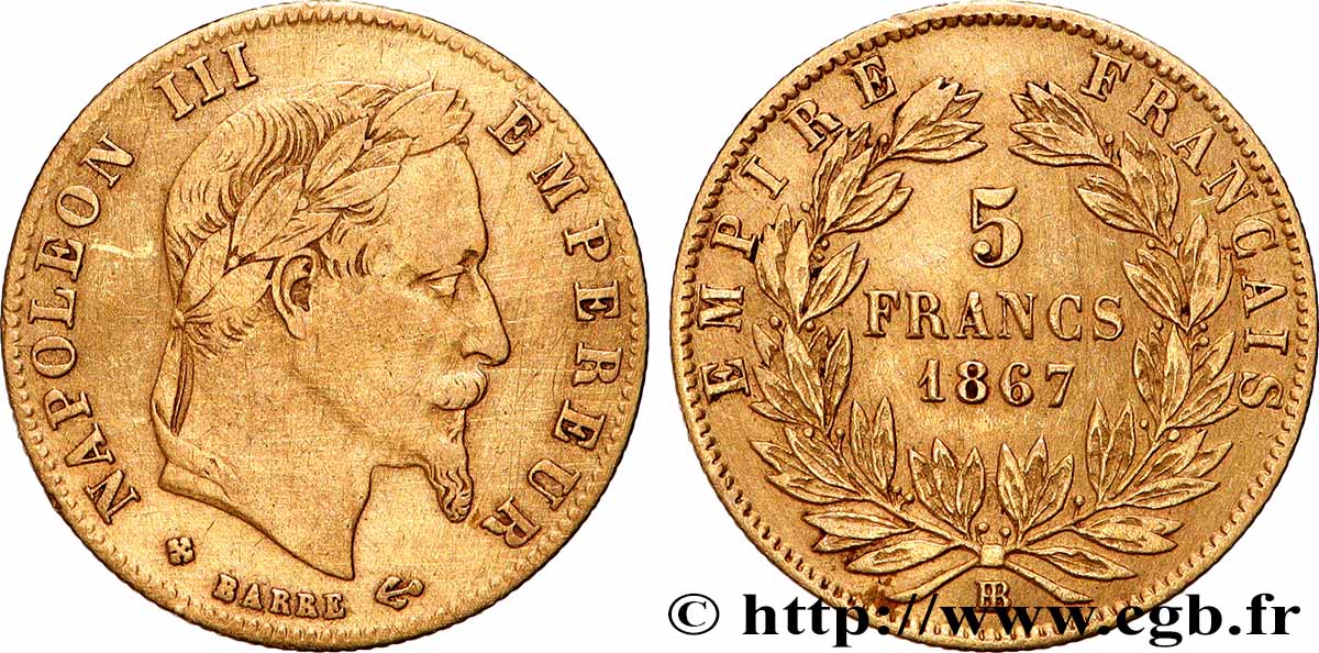5 francs or Napoléon III, tête laurée 1867 Strasbourg F.502/12 fSS 