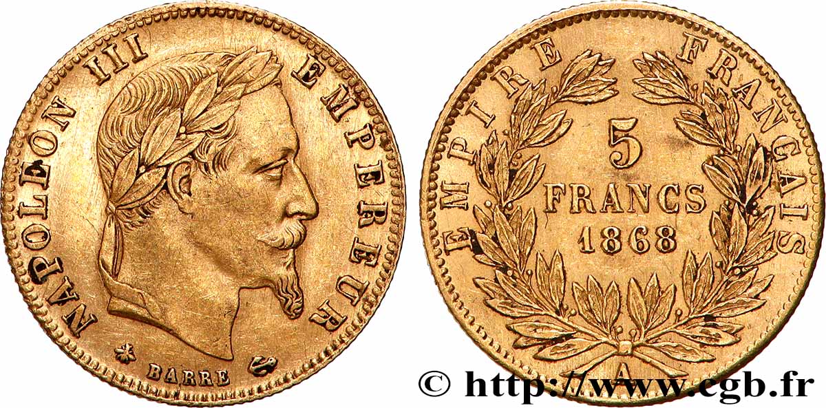 5 francs or Napoléon III, tête laurée 1868 Paris F.502/13 q.SPL 