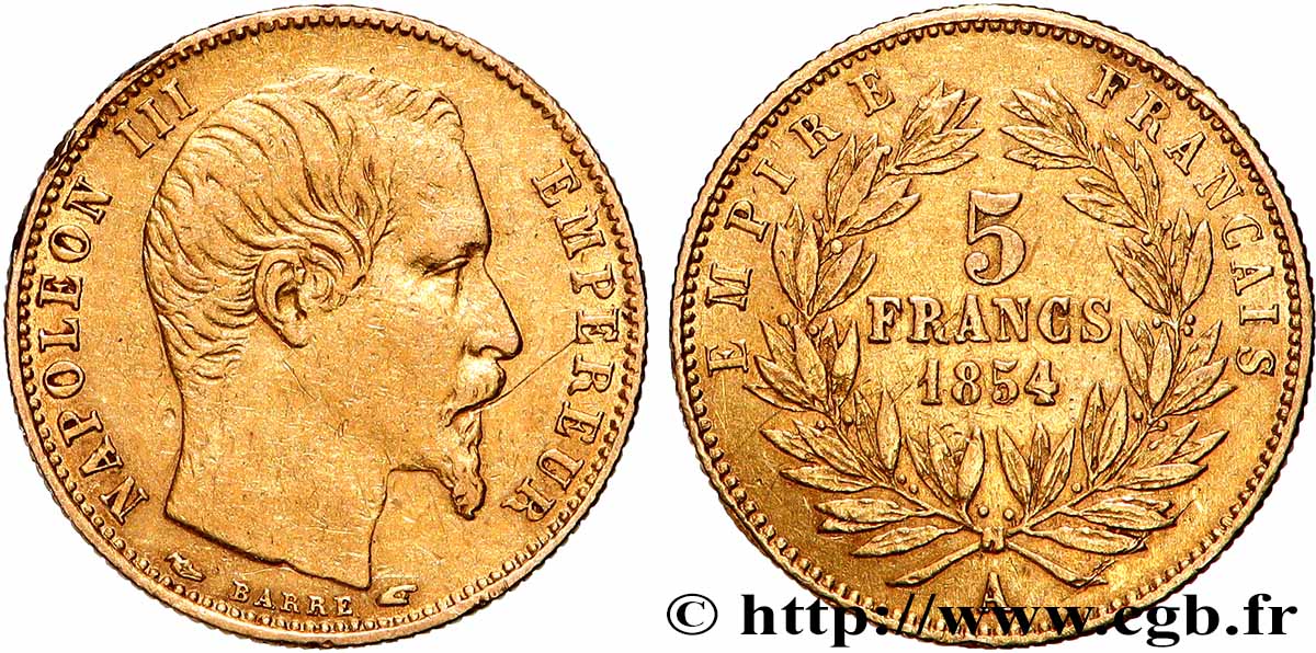 5 francs or Napoléon III, tête nue, petit module, tranche cannelée 1854 Paris F.500A/1 BB 
