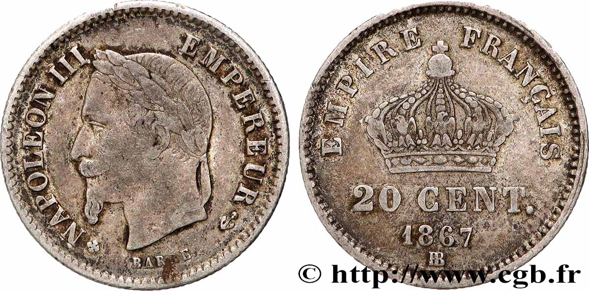 20 centimes Napoléon III, tête laurée, grand module 1867 Strasbourg F.150/2 VF 