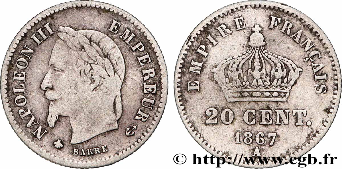 20 centimes Napoléon III, tête laurée, grand module 1867 Paris F.150/1 VF 