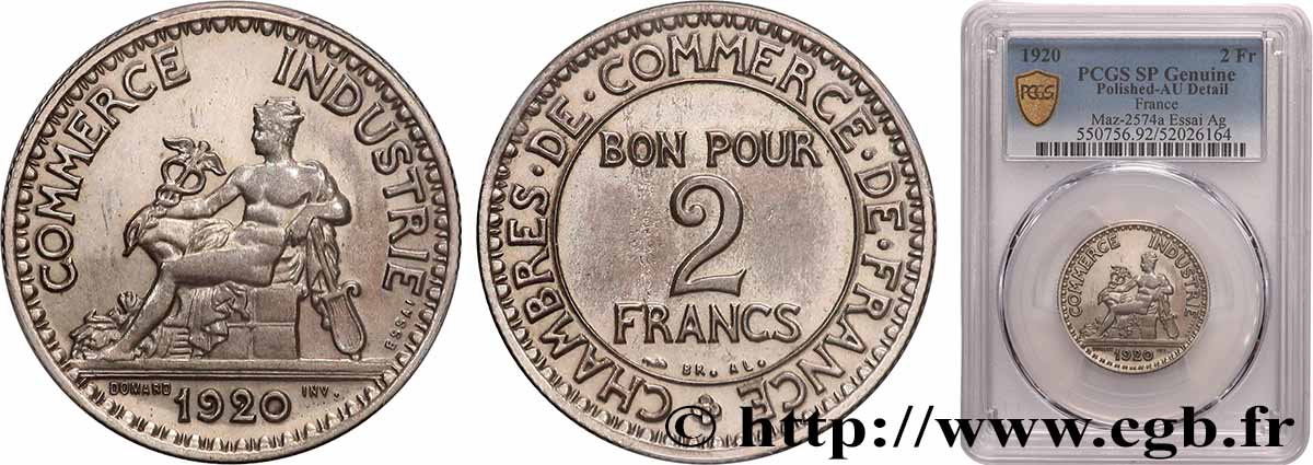Essai en Argent de 2 francs Chambres de Commerce 1920 Paris GEM.112 2 TTB+ PCGS