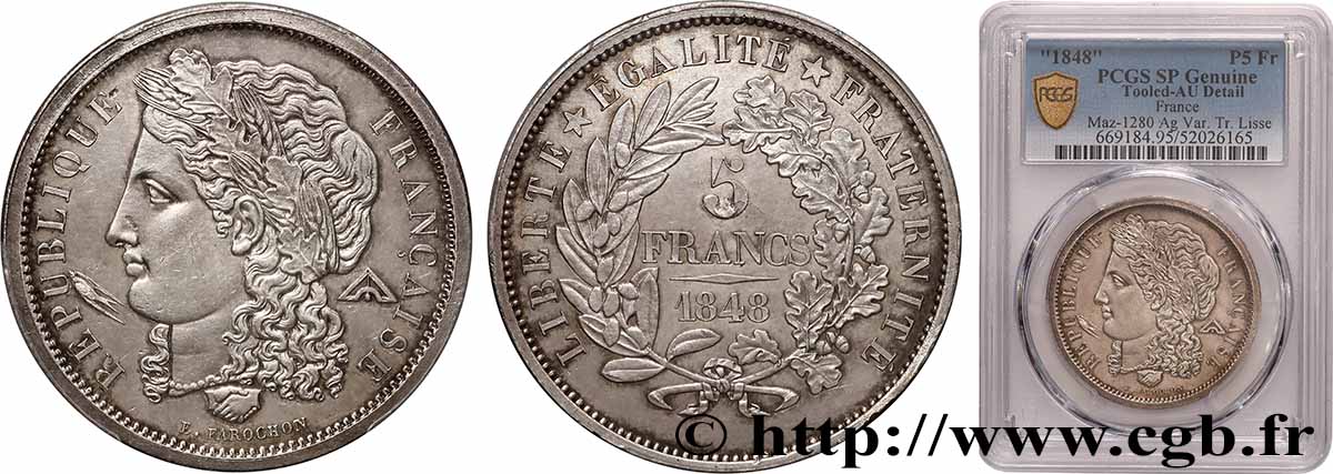 Concours de 5 francs, essai en Argent par Farochon, premier concours, premier revers 1848 Paris Maz.1280 a var. TTB+ PCGS