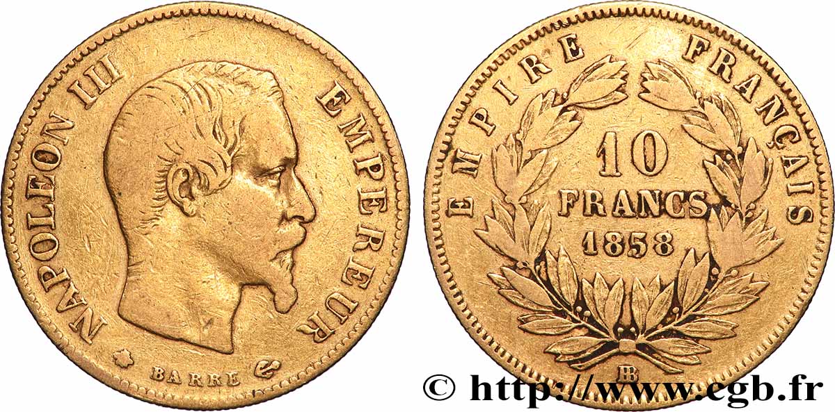 10 francs or Napoléon III, tête nue, grand module 1858 Strasbourg F.506/6 S 
