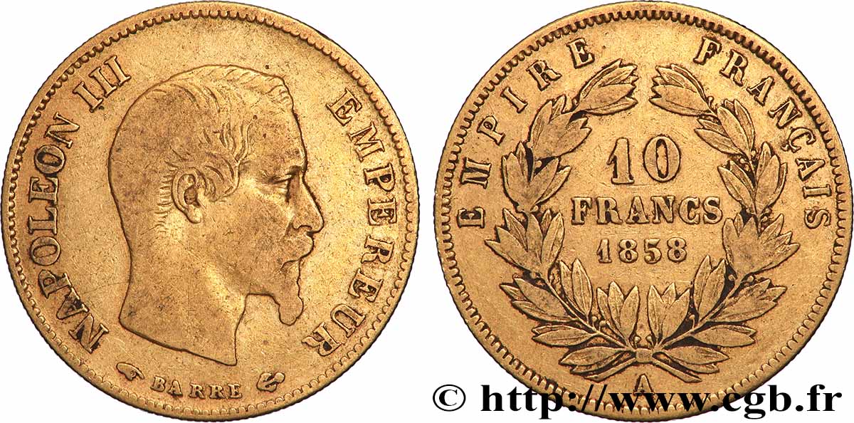 10 francs or Napoléon III, tête nue, grand module 1858 Paris F.506/5 TB 