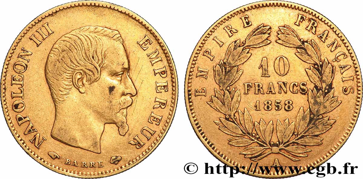 10 francs or Napoléon III, tête nue, grand module 1858 Paris F.506/5 TB 