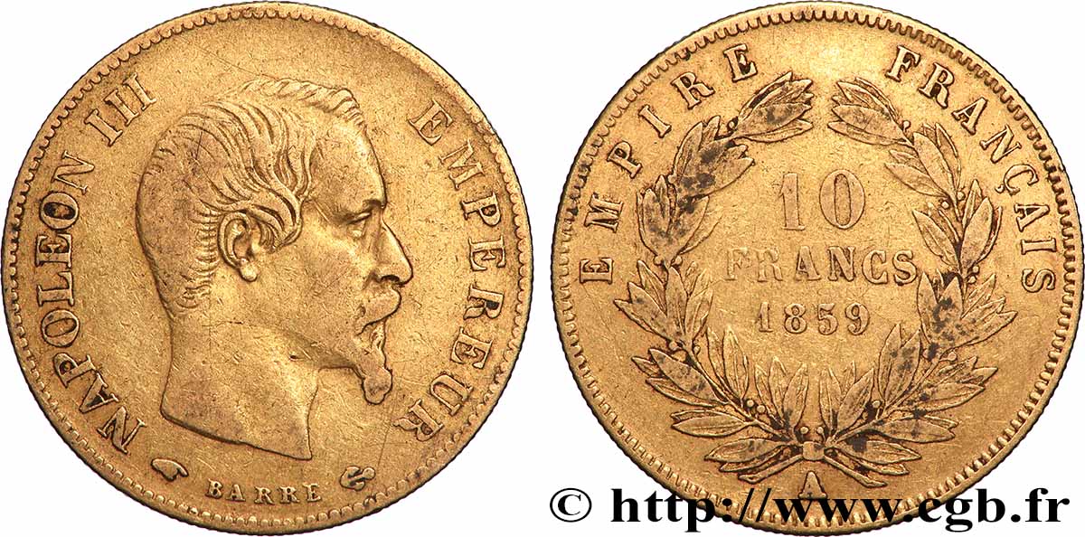 10 francs or Napoléon III, tête nue 1859 Paris F.506/7 BC 