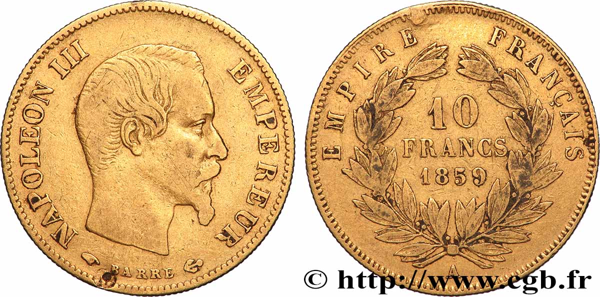 10 francs or Napoléon III, tête nue 1859 Paris F.506/7 BC 