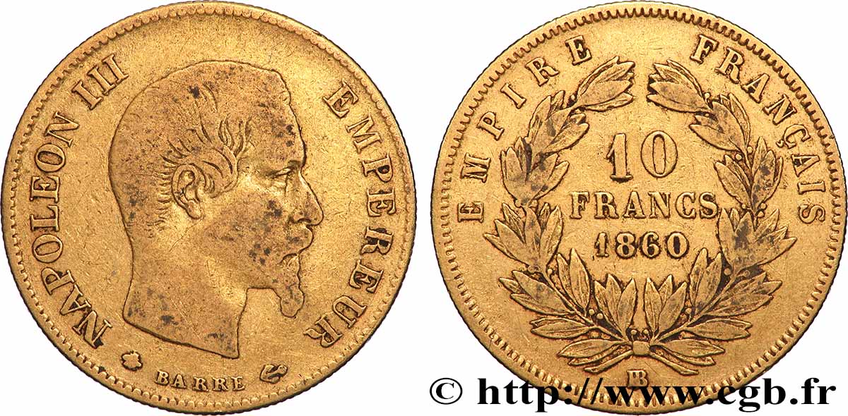 10 francs or Napoléon III, tête nue 1860 Strasbourg F.506/11 VF 