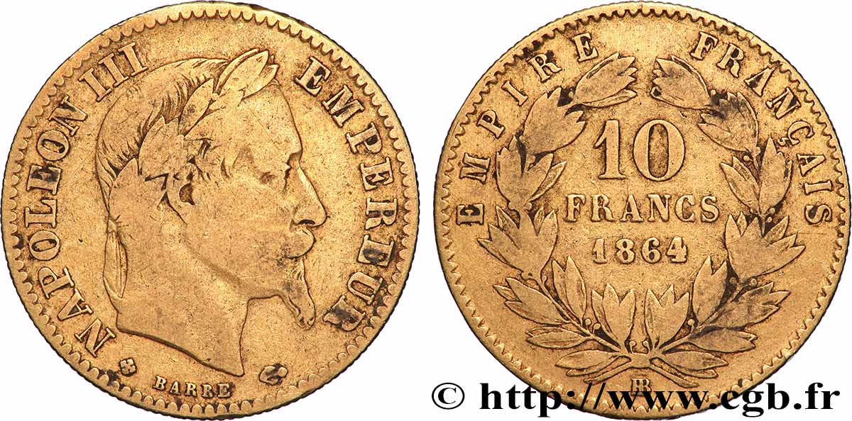 10 francs or Napoléon III, tête laurée 1864 Strasbourg F.507A/7 VF 