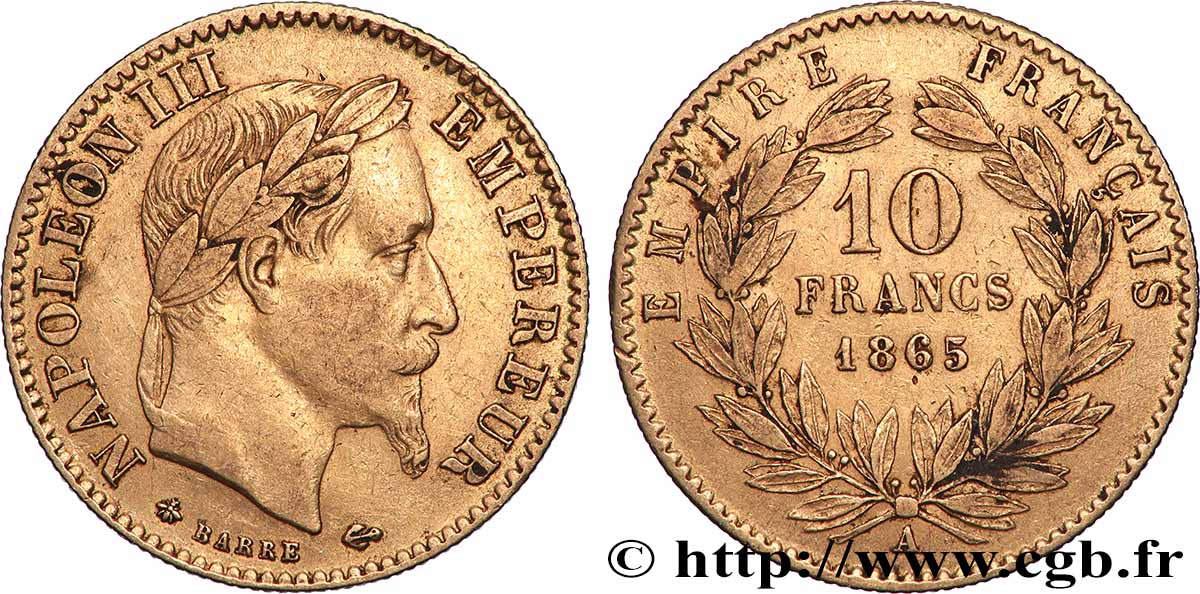 10 francs or Napoléon III, tête laurée 1865 Paris F.507A/9 BC+ 