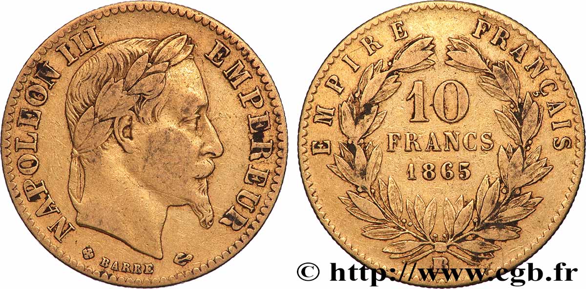 10 francs or Napoléon III, tête laurée, type définitif à grand 10, Grand BB 1865 Strasbourg F.507A/11 S 