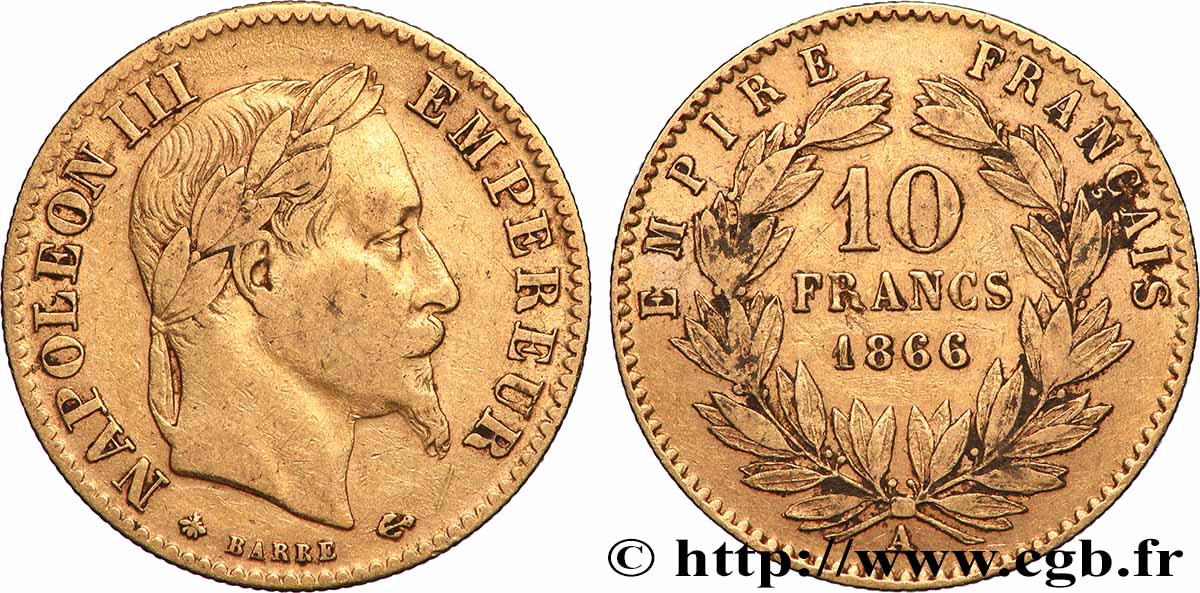 10 francs or Napoléon III, tête laurée 1866 Paris F.507A/12 BC 