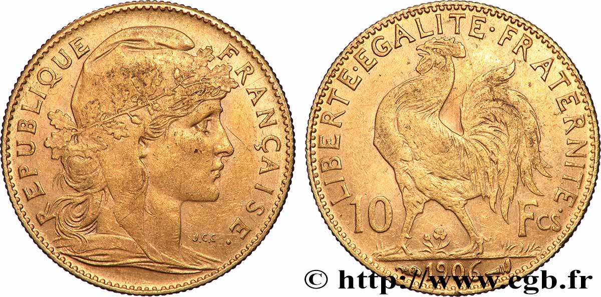 10 francs or Coq 1906 Paris F.509/7 MBC 
