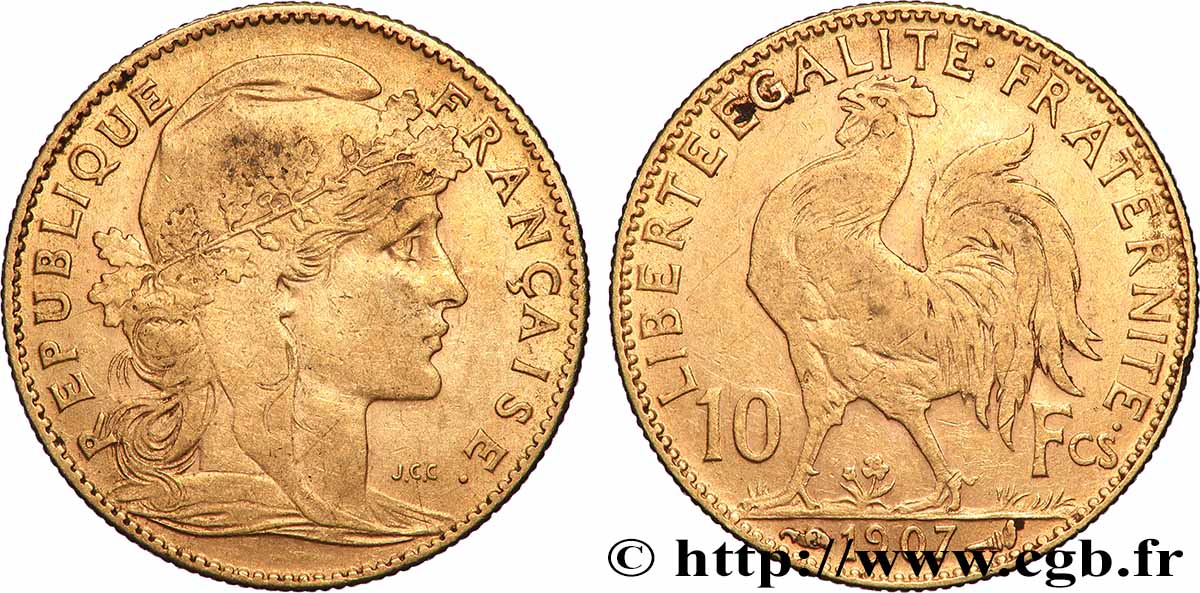 10 francs or Coq 1907 Paris F.509/8 MBC 