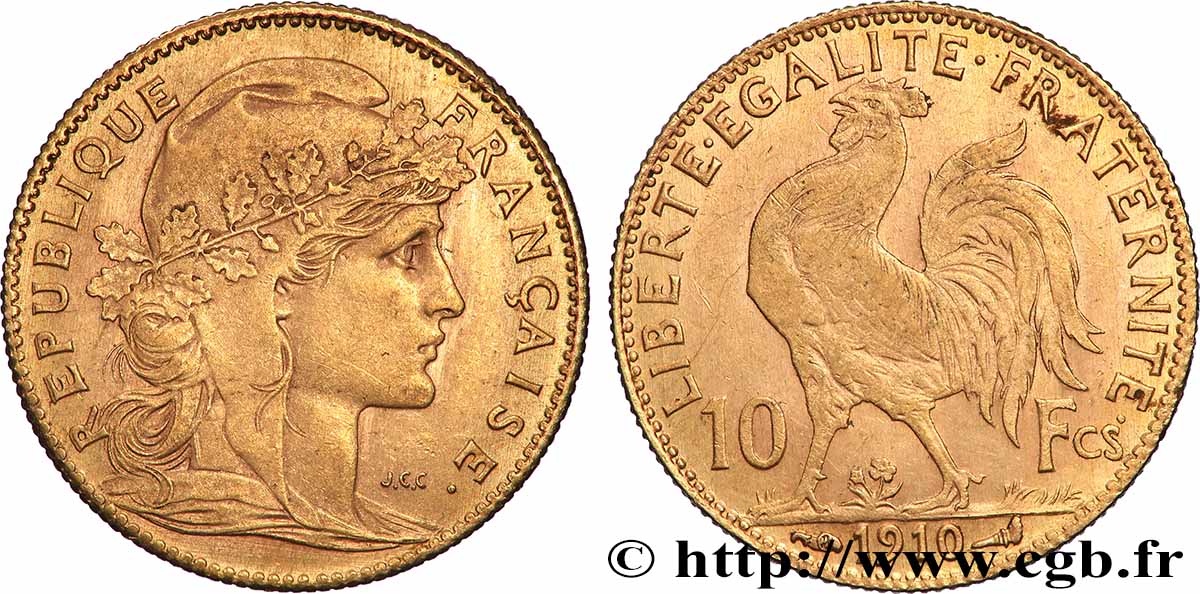 10 francs or Coq 1910 Paris F.509/11 MBC+ 