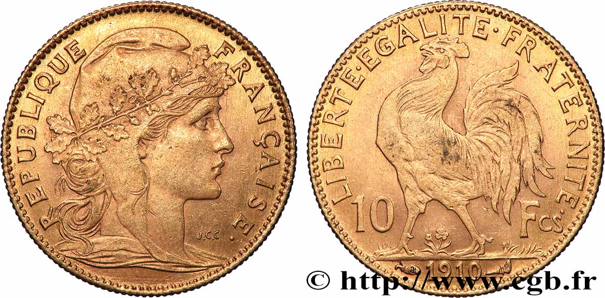 10 francs or Coq 1910 Paris F.509/11 AU 