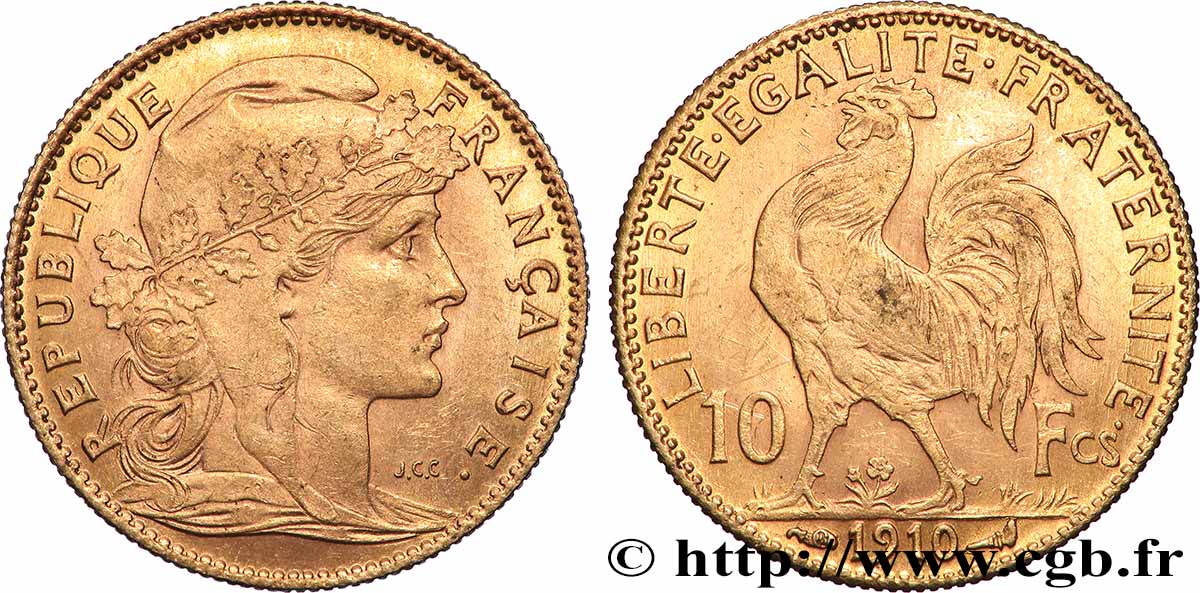10 francs or Coq 1910 Paris F.509/11 MBC+ 