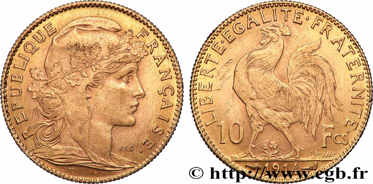 10 francs or Coq 1914 Paris F.509/14 MBC+ 