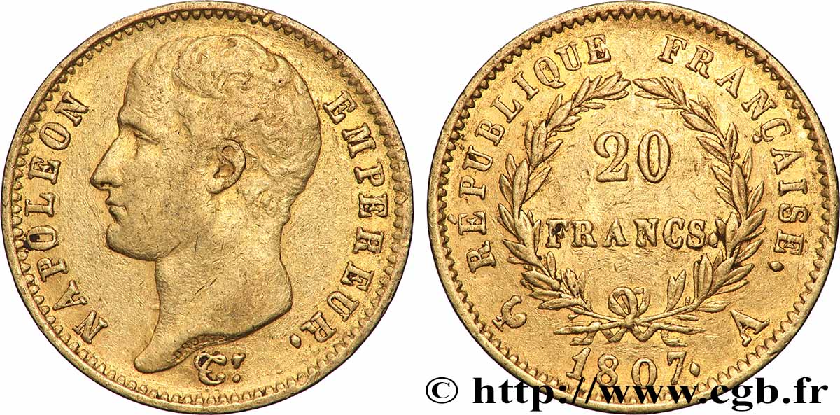 20 francs or Napoléon tête nue, type transitoire 1807 Paris F.514/1 XF 