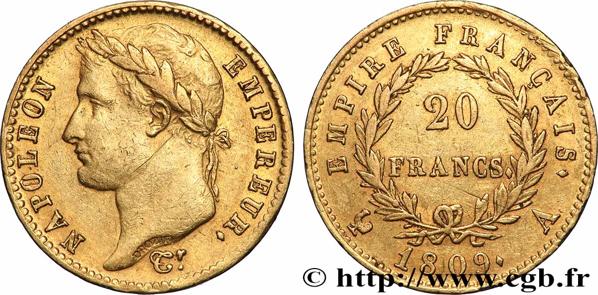 20 francs or Napoléon tête laurée, Empire français 1809 Paris F.516/1 MBC 