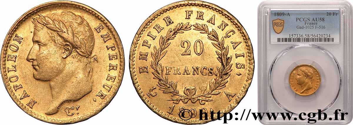 20 francs or Napoléon tête laurée, Empire français 1809 Paris F.516/1 AU58 PCGS