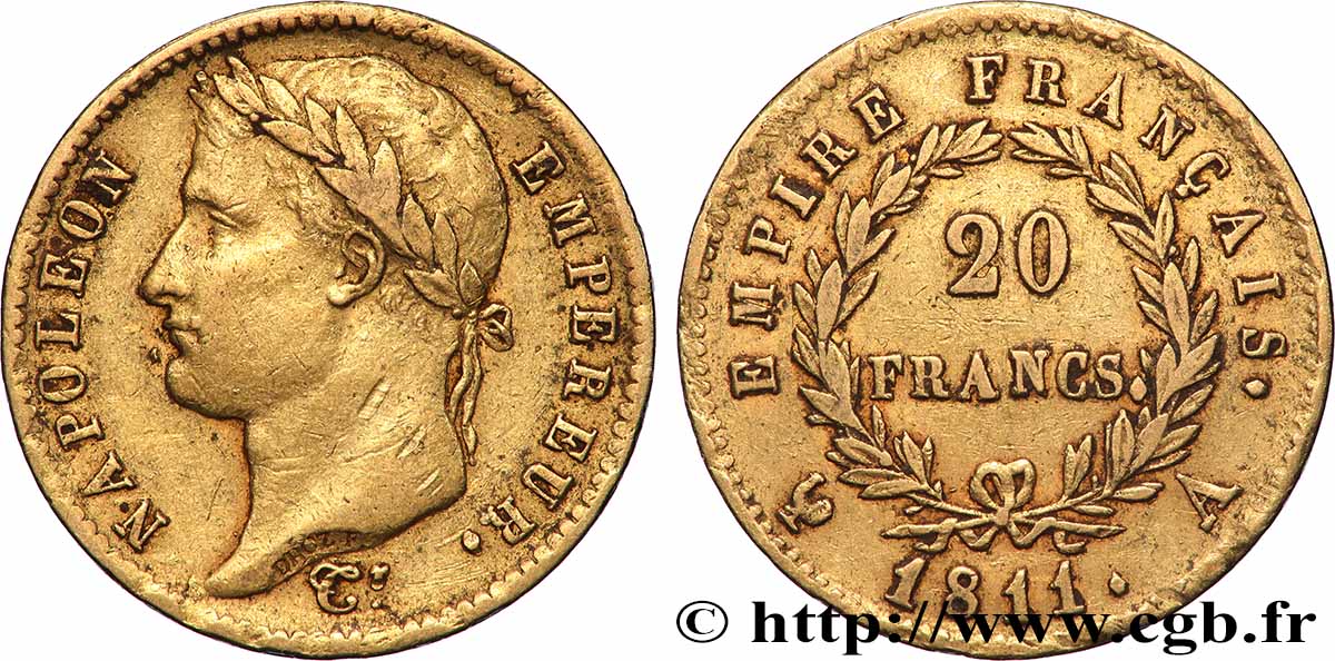 20 francs or Napoléon, tête laurée, Empire français 1811 Paris F.516/16 MBC 