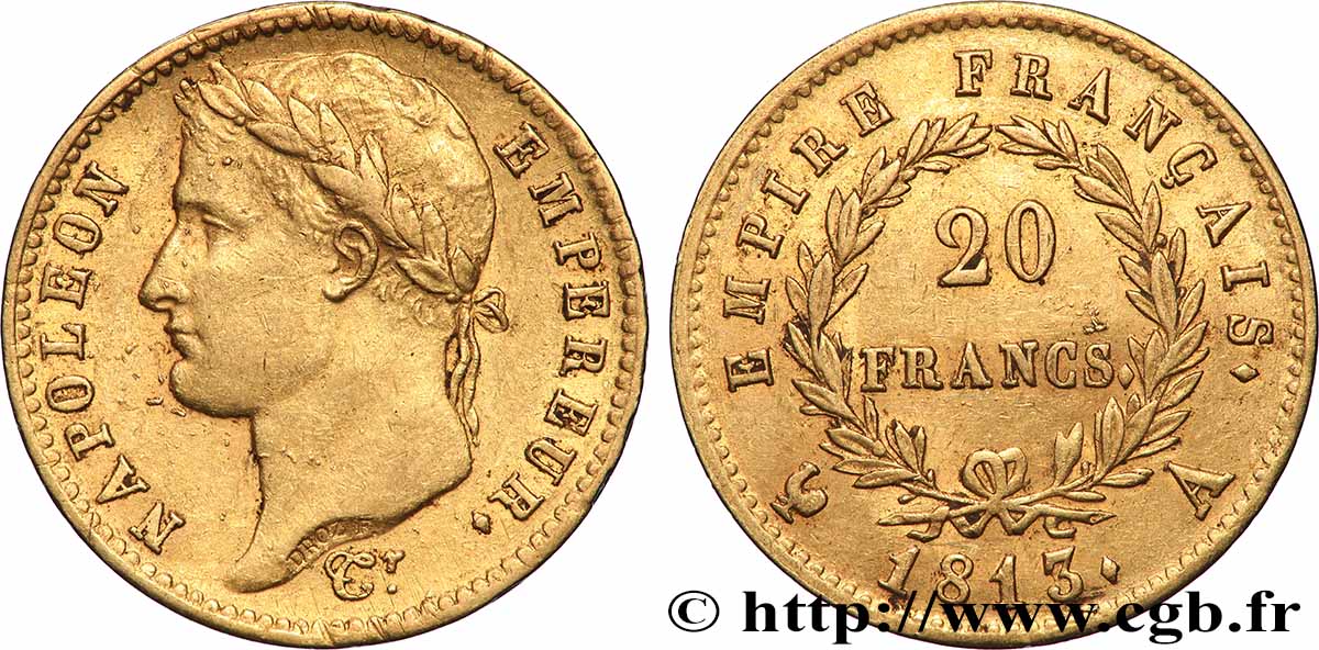 20 francs or Napoléon, tête laurée, Empire français 1813 Paris F.516/30 MBC 