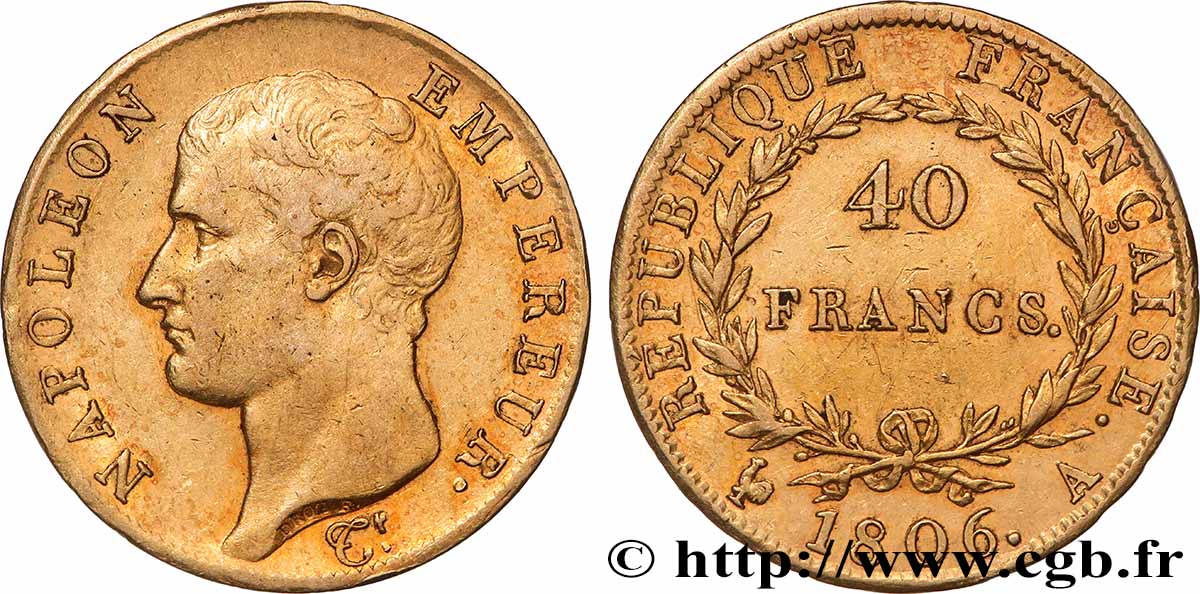 40 francs or Napoléon tête nue, Calendrier grégorien 1806 Paris F.538/1 TB+ 