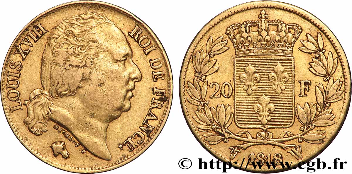 20 francs or Louis XVIII, tête nue 1818 Lille F.519/14 TB+ 