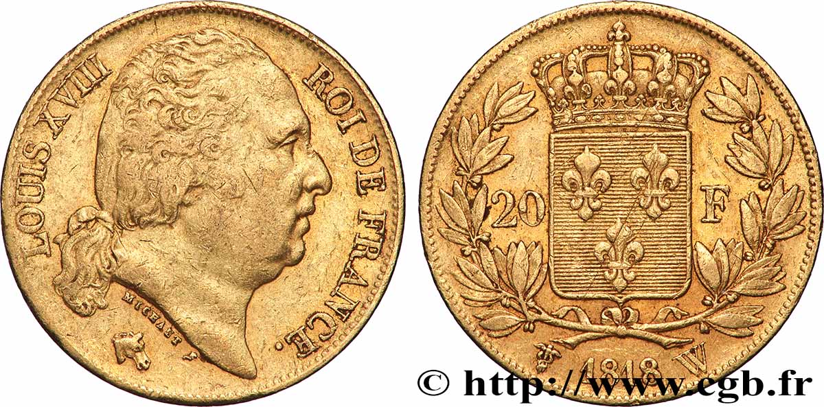 20 francs or Louis XVIII, tête nue 1818 Lille F.519/14 VF 