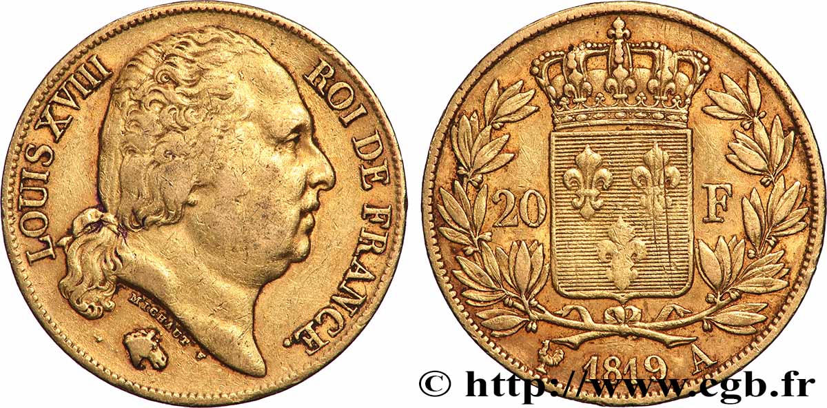 20 francs or Louis XVIII, tête nue 1819 Paris F.519/15 BC+ 