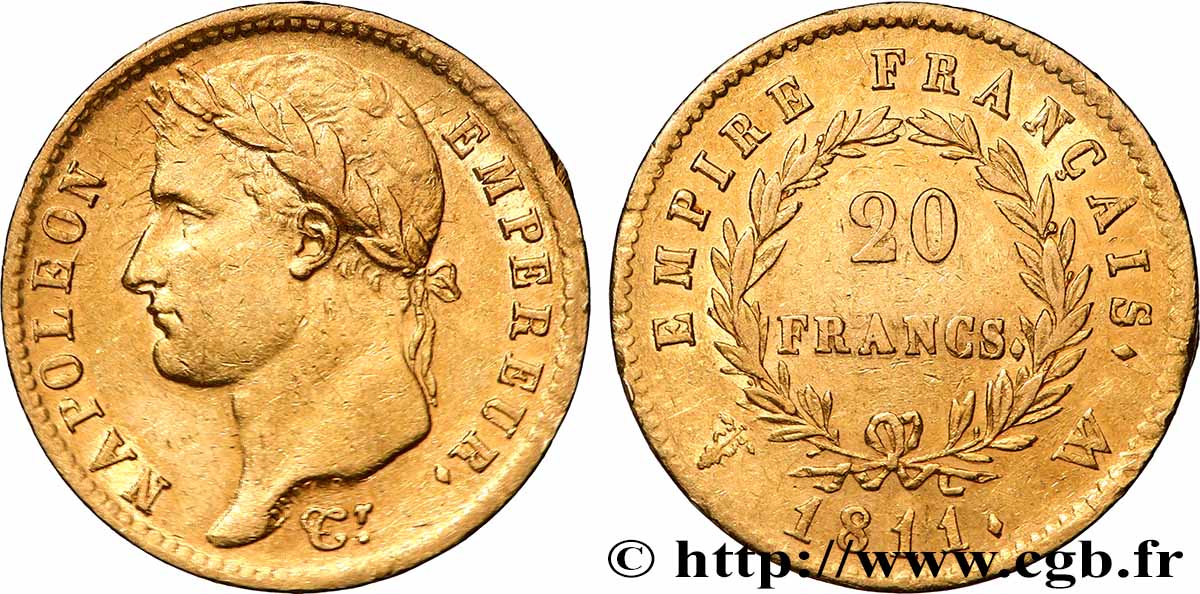 20 francs or Napoléon, tête laurée, Empire français 1811 Lille F.516/21 BB 