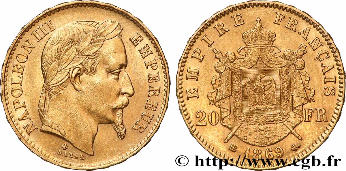 20 francs or Napoléon III, tête laurée, petit BB 1869 Strasbourg F.532/21 TTB+ 