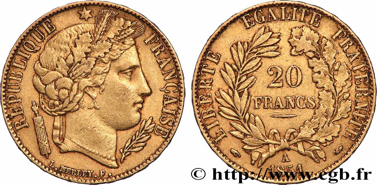 20 francs or Cérès 1851 Paris F.529/4 MBC 