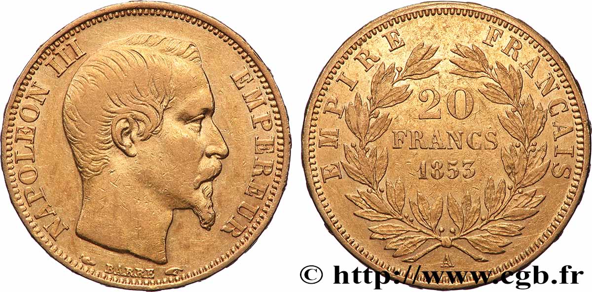 20 francs or Napoléon III, tête nue 1853 Paris F.531/1 TTB 
