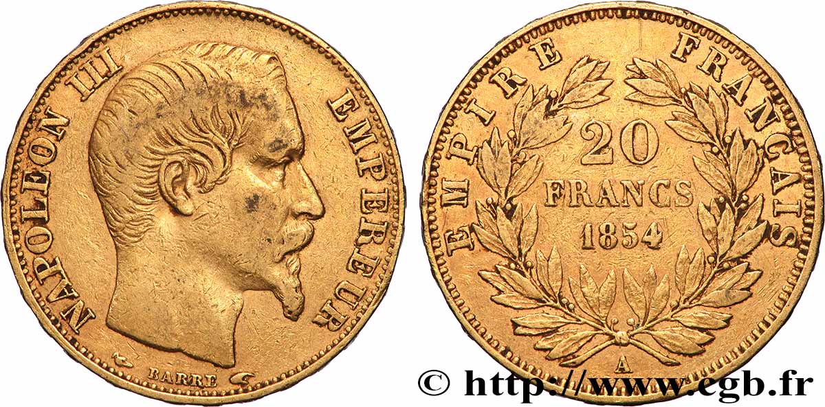 20 francs or Napoléon III, tête nue 1854 Paris F.531/2 VF 