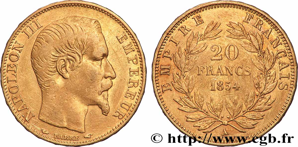 20 francs or Napoléon III, tête nue 1854 Paris F.531/2 BC 