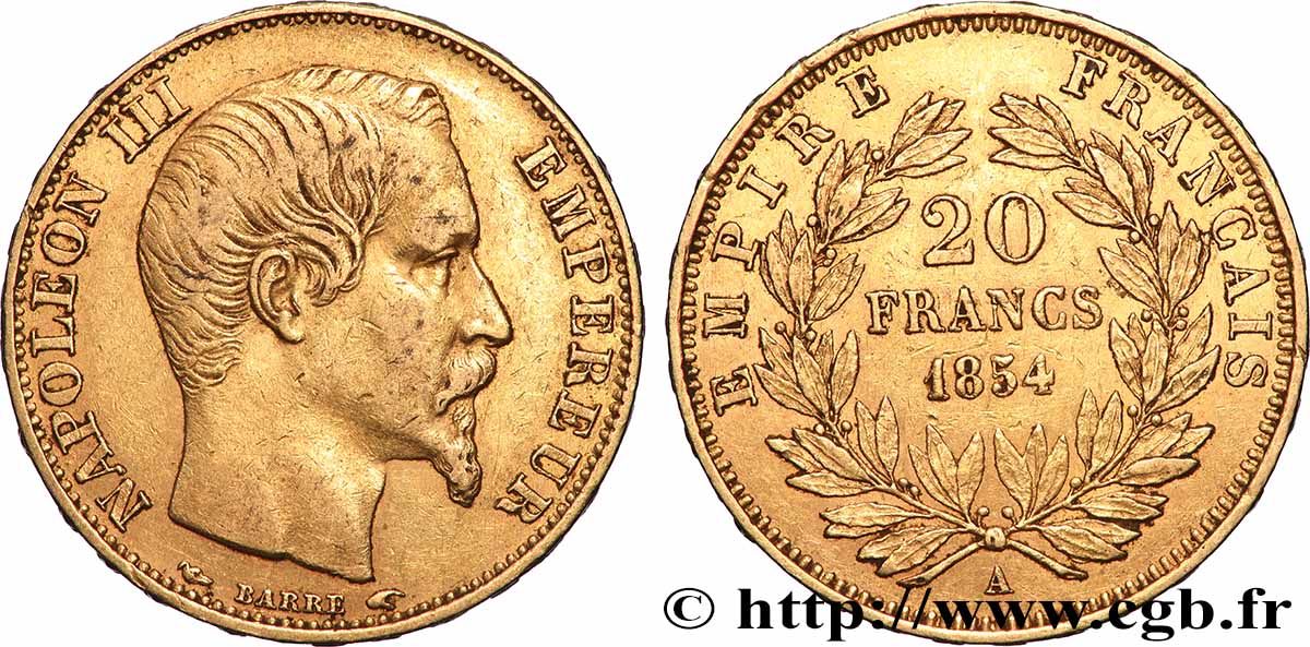 20 francs or Napoléon III, tête nue 1854 Paris F.531/2 MBC 