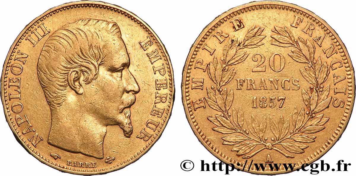 20 francs or Napoléon III, tête nue 1857 Paris F.531/12 MBC 